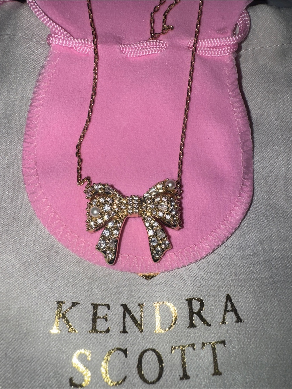 Kendra Scott Gold Bow Necklace with Crystals and Pearls